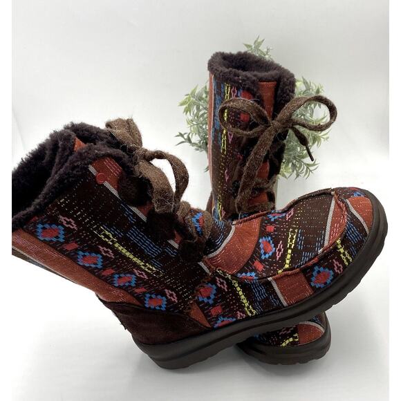 UGG Lacy Boot Nordic Fair Isle Blanket Woven Fabric Faux Fur Warm Sz 7 limited - Picture 2 of 12